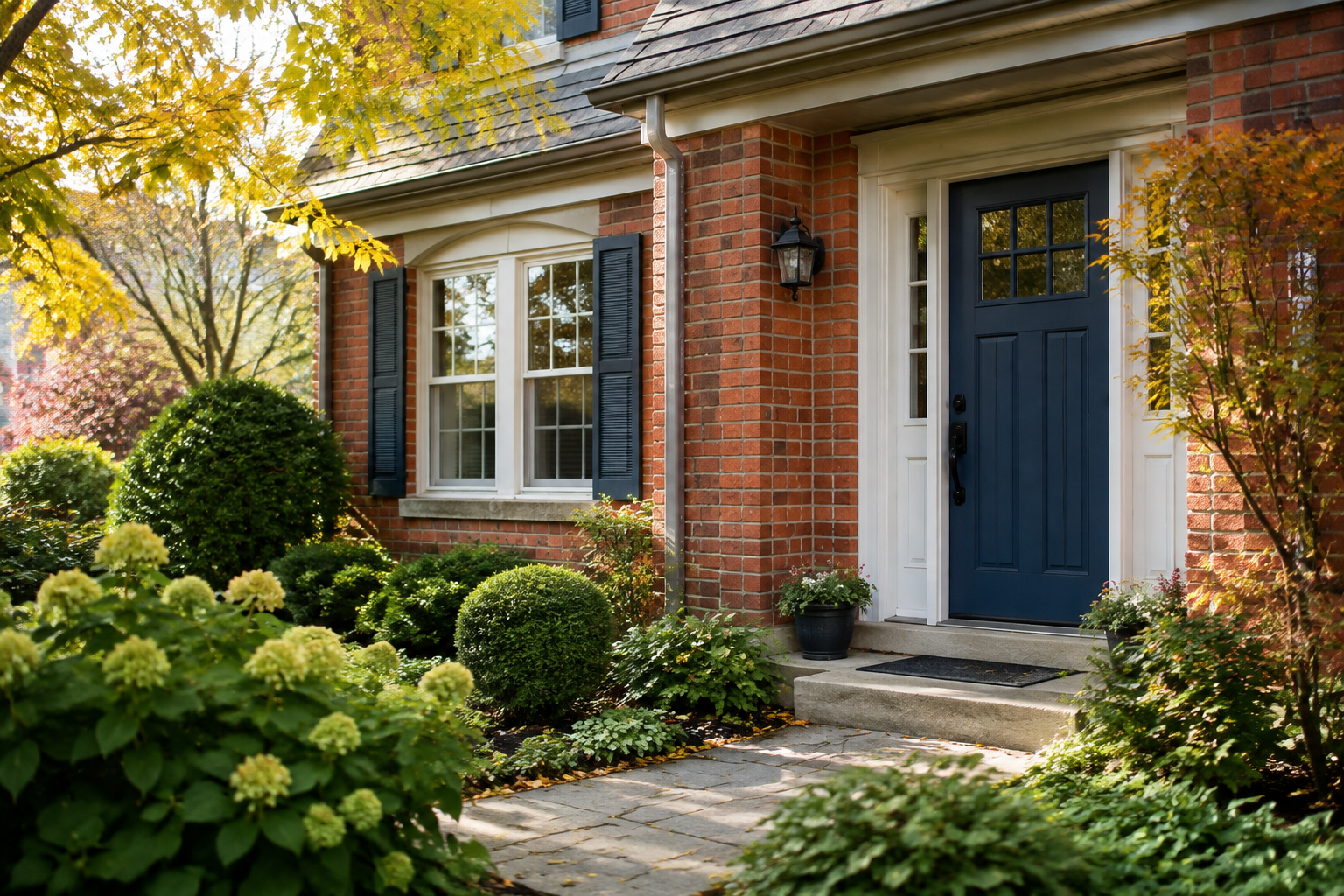 A welcoming red-brick home with a navy front door and an autumn garden